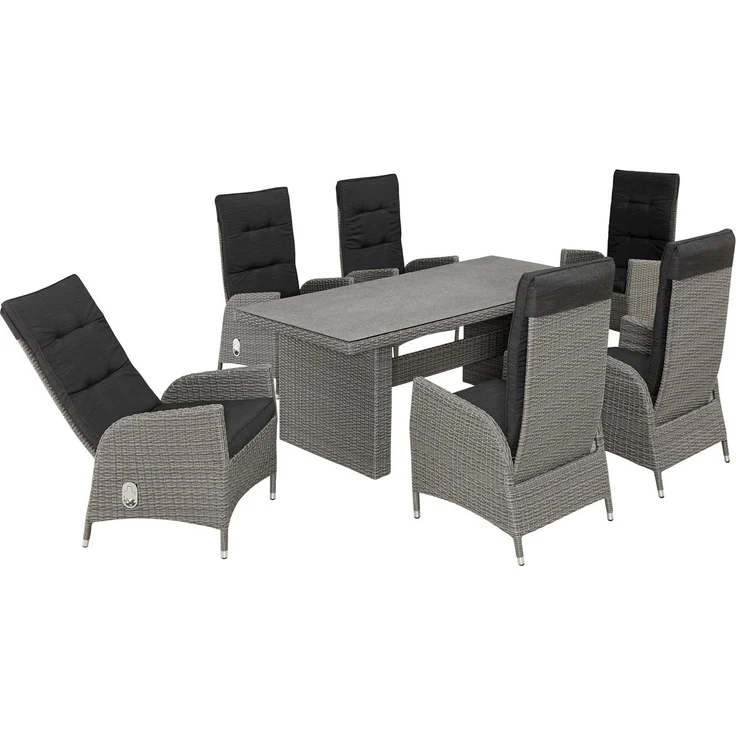 KONIFERA Garten-Essgruppe Brisbane, (Set, 13-tlg, 6 Sessel, Rückenlehne verstellbar, inkl. Auflagen, Tisch 92x192x74 cm), Aluminium/Polyrattan, Tischplatte aus Stone-Spray-Glas in Steinoptik – Bild 2