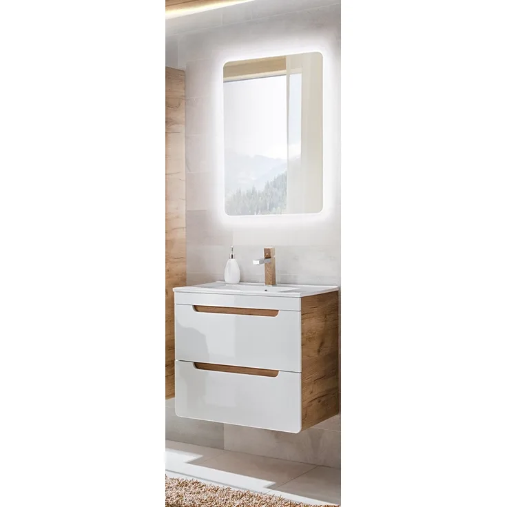 Badezimmer Waschplatz Set in Hochglanz weiß LUTON-56 61 cm Waschtisch & LED-Spiegel, B/H/T ca. 61/200/46 cm