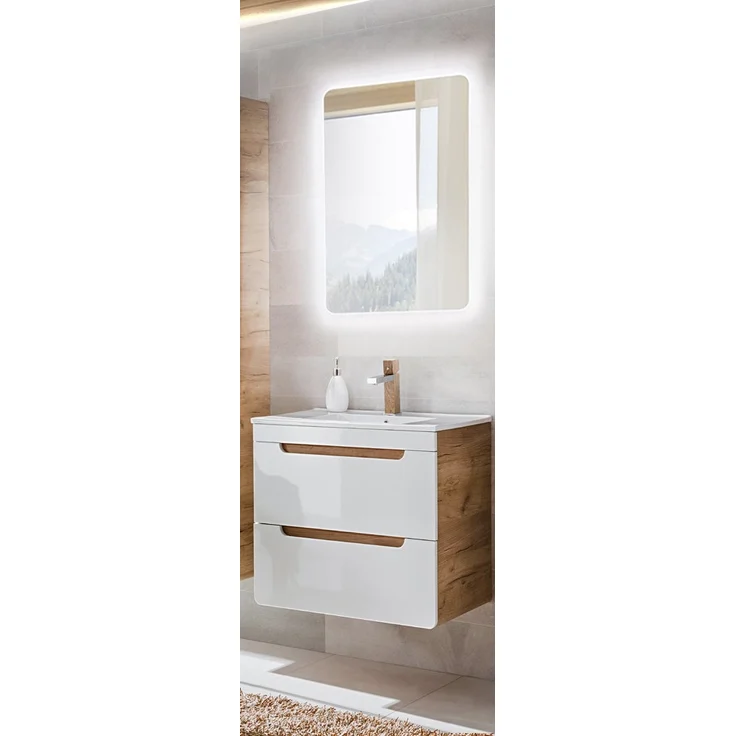 Badezimmer Waschplatz Set in Hochglanz weiß LUTON-56 61 cm Waschtisch & LED-Spiegel, B/H/T ca. 61/200/46 cm – Bild 1