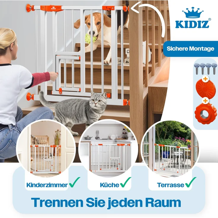 KIDIZ® Absperrgitter zum Klemmen mit Katzenklappe, Türschutzgitter, Autoclose Kinder Treppengitter ohne Bohren | 90° Stopp Schutz, schwenkbar, Treppenschutzgitter Orange, 74 - 80 cm – Bild 5
