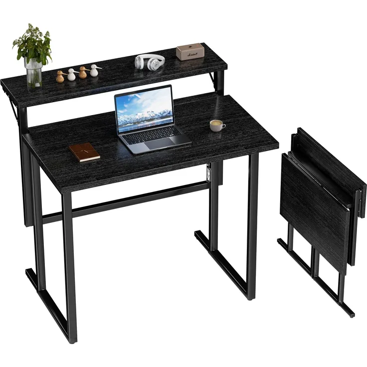 JUMMICO Schreibtisch Klappbar, 80cm Kleiner Schreibtisch mit Monitorablage, 2-stufiger Klapptisch für Home Office, Büro, Schule, Computertisch für kleine Räume (Schwarz)