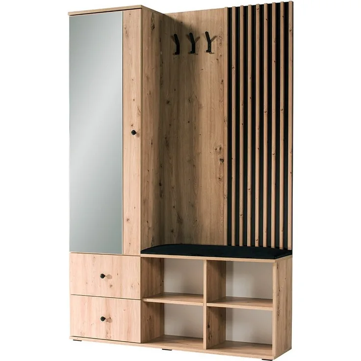 Lomadox Garderobe CALLAO-161, Eiche Nb. mit schwarz, Flurgarderobe, Garderoben-Set, inkl. Sitzkissen