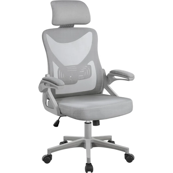 Yaheetech Bürostuhl Ergonomisch, Schreibtischstuhl mit Hochklappbaren Armlehnen, Drehstuhl mit Rückenlehne und Verstellbarer Kopfstütze, bis 136 kg Belastbar Grau
