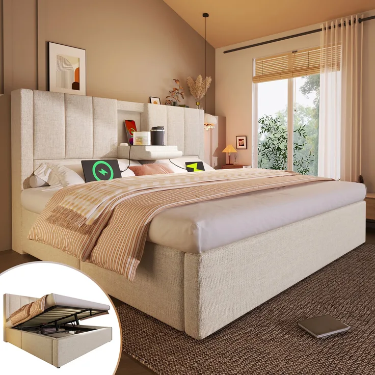 Bett mit integrierter Klapp-Kopfstütze & USB-Ladepanel, Leinen, 140x200 cm, Beige, ohne Matratze