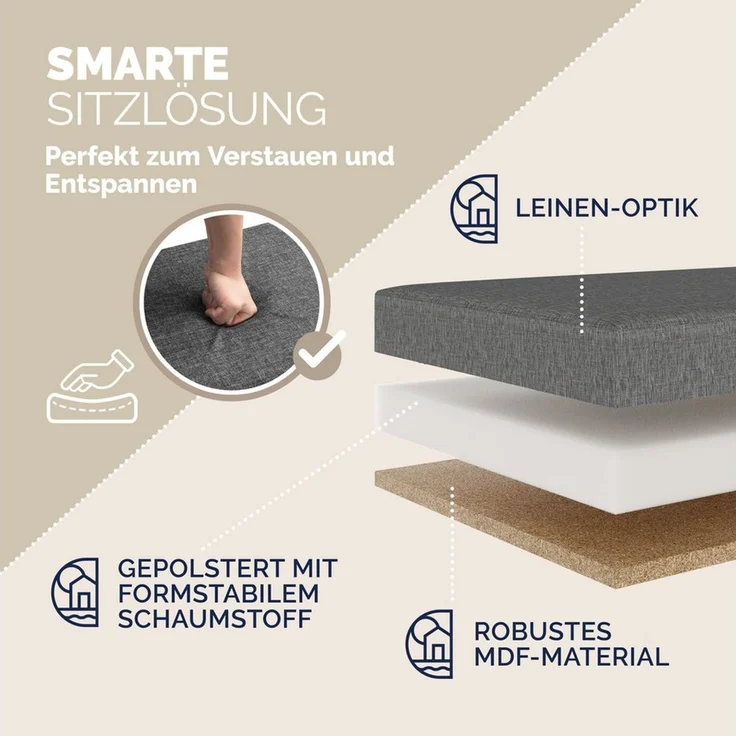Sitztruhe faltbar Aufbewahrungsbox Truhenbank Sitzbank Sitzhocker Truhe Bank grau – Bild 3