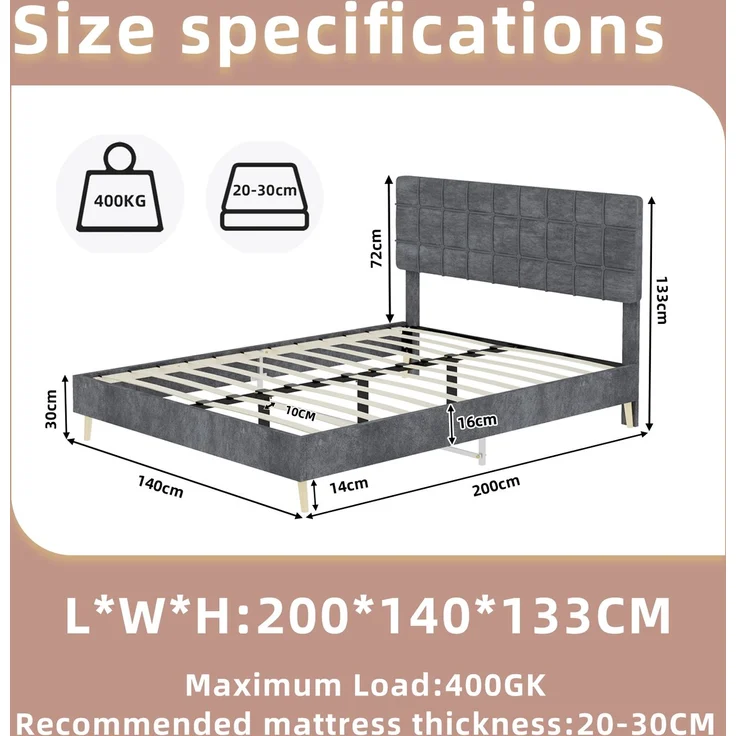 Novelux Polsterbett 140x200 cm mit gestepptem Kopfteil - Doppelbett Stoffbett Dunkelgrau, Massivholzrahmen & Holzfüße, Modernes Bettgestell für Schlafzimmer – Bild 2