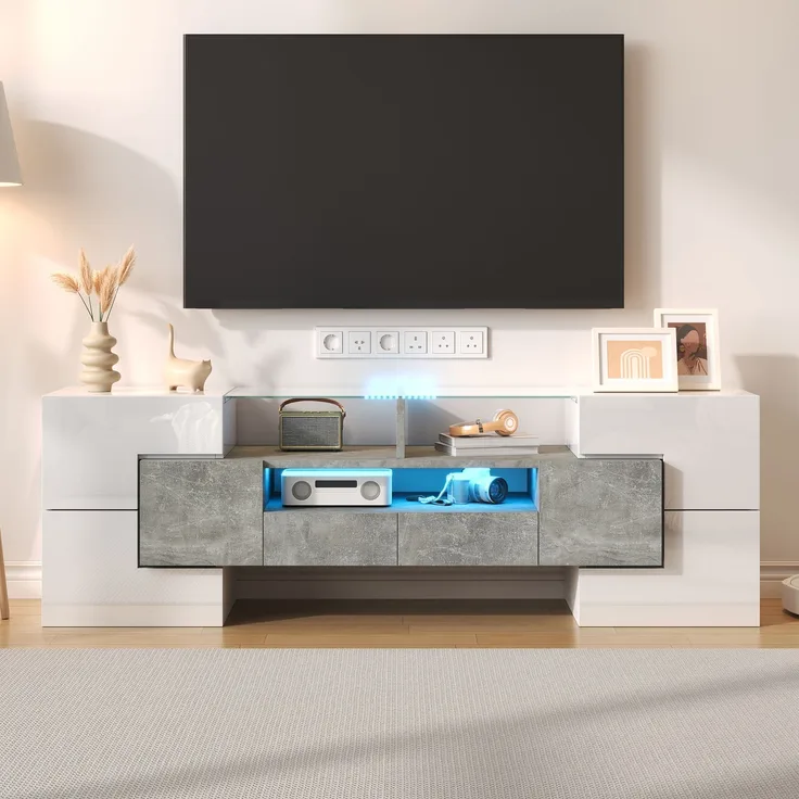 TV-Schrank 145 cm Hochglanzweiß und Beton mit LED-Beleuchtung, 6 Türen, 2 Schubladen, 3 offene Fächer