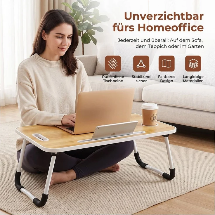 AKKEE Laptoptisch Betttablett Klappbar, Frühstückstablett mit Griff und Getränkehalter, Ideal für Lesen und Arbeiten – Bild 2