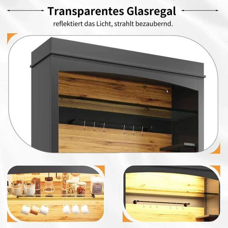 Küchenschrank, hoher Küchenschrank (107x43x184 cm), Vitrine, Anrichte, Anrichte mit LED-Beleuchtung, offenes Regal, schwarz--Schwarz--116.48x46x22.99cm--YOUDENOVA – Bild 5