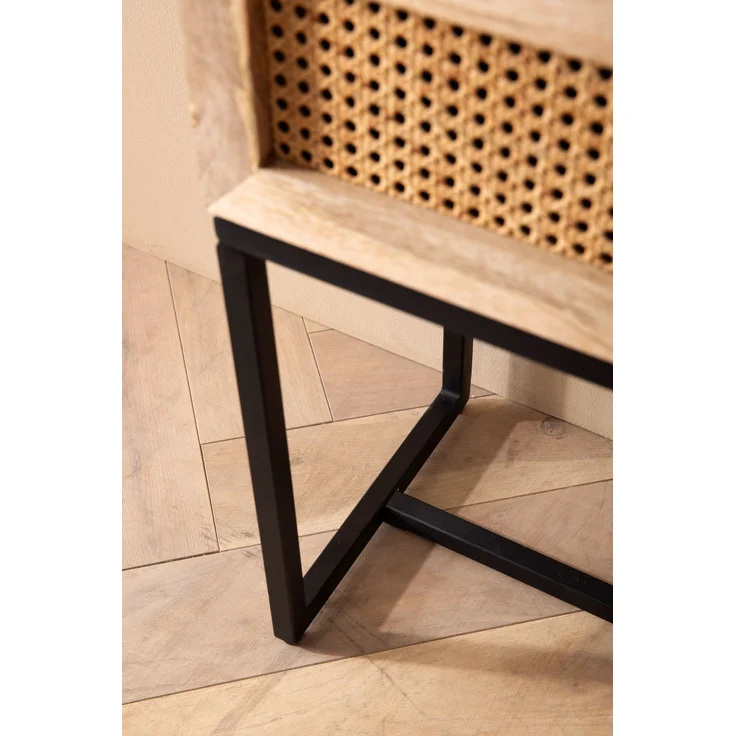 FineBuy Nachtkonsole Mango Massivholz mit Rattan & Metallgestell – Nachttisch im Boho & Natur Design mit Schublade, Nachtkästchen mit Wiener Geflecht für Boxspringbetten – 50x60x30 cm – Bild 5