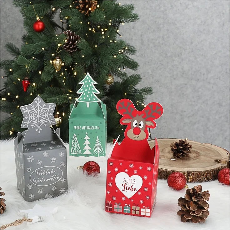 CEPEWA Geschenkbox Süßigkeitenbox 3er Set Weihnachtsmotive Papier 8,5x10x8,5cm Schachtel – Bild 2