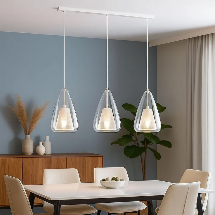 Pendelleuchte, Glas klar, Metall weiß, H 150 cm – Bild 2
