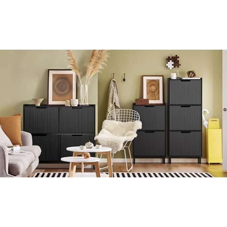 SoBuy Schuhschrank FSR177-Sch, Schuhkipper in Schwarz, Holzwerkstoff und Metall, 50x90x19 cm, 2 Klappen, mit Ablagefläche – Bild 4