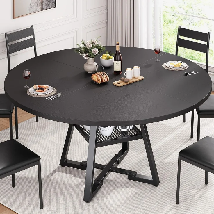 Jocoevol Esstisch Runder für 4-6 Personen, Esszimmertisch mit Ablage, platzsparender Küchentisch aus Holz im Industrial Design (Schwarz, 130 x 130 x 76 cm)