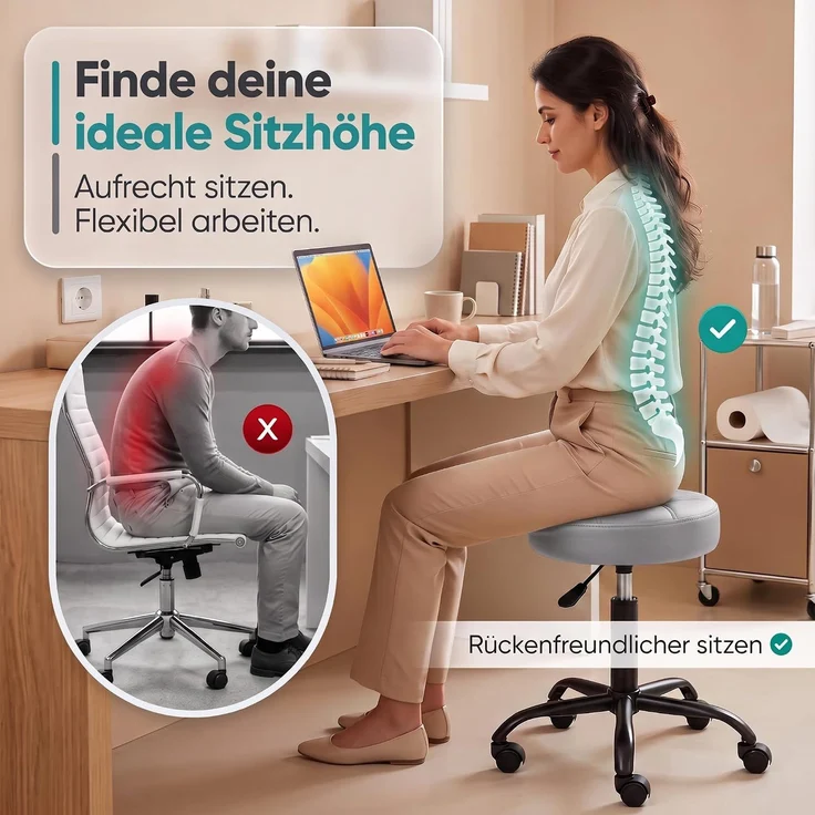 Movaro Rollhocker mit Metall-Basis und leisen Softrollen [Neues Modell] - höhenverstellbar, 360° drehbar, kratzfrei und stabil - ergonomischer Hocker mit Rollen | Arbeitshocker | Bürohocker 44x44x50-63 cm [Grau] – Bild 3