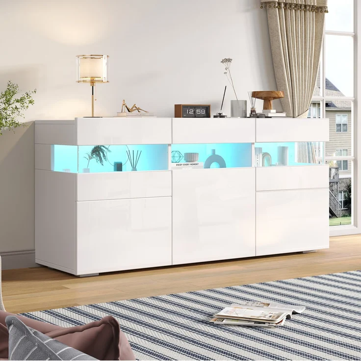 DESVIAE Sideboard mit LED-Beleuchtung, 140x66,5x40,5 cm, Spanplatte, Weiß, 3 Türen – Bild 1