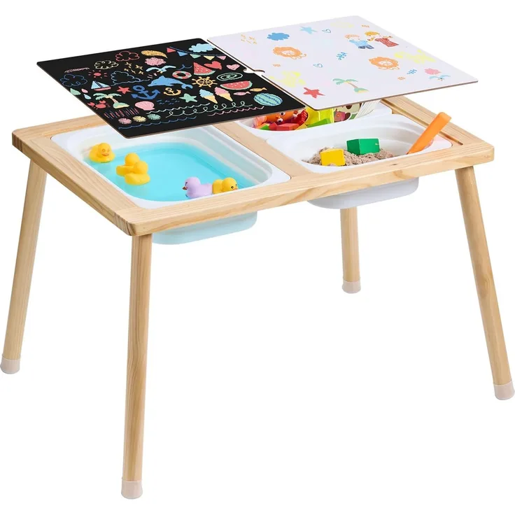 VEVOR Sensoriktisch für Kleinkinder Aktivitätstisch mit 3 faltbaren Aufbewahrungsbehältern & doppelseitiger Tafel, Sand- und Wassertisch Sensoriktisch für Kinder aus Holz zum Zeichnen Lernen Essen