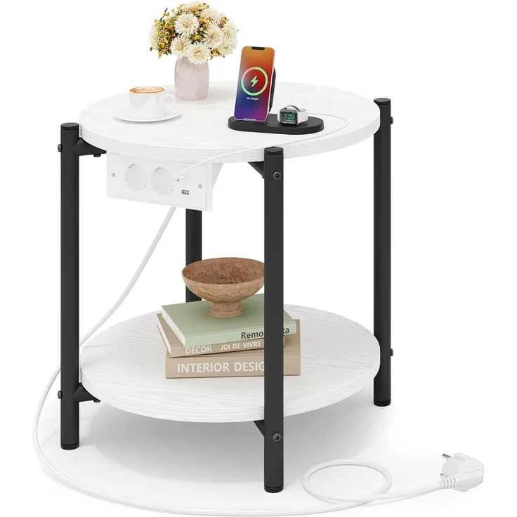 IRONCK Beistelltisch rund, Couchtisch mit Steckdose, Kleiner Tisch Holz, Wohnzimmertisch 2 Ablagen,Sofatisch,USB & Type-C-Anschluss, Metallrahmen, Nachttisch für Schlafzimmer (Weiß, 1 Stück) – Bild 1