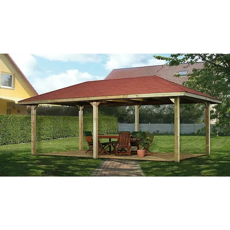 Weka Pavillon Gartenoase 651 B, 380 x 678 cm, Massivholzdach mit roten Dachschindeln aus Kiefernholz