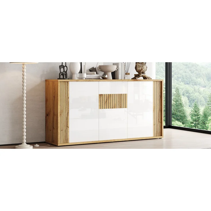 ZUBALIYA Sideboard 140x35x71 cm, mit 3 Türen, aus MDF / Spanplatte, Weiß / Natur – Bild 15