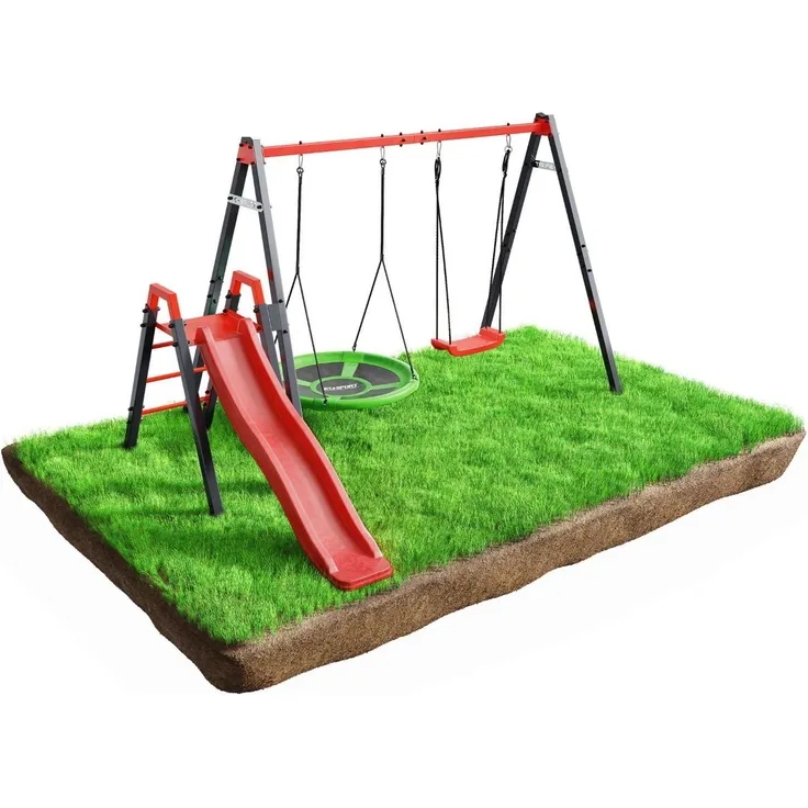 K-Sport ‘Doppelte Kinderschaukel‘ mit Rutsche für den Garten, aus Stahl, grau