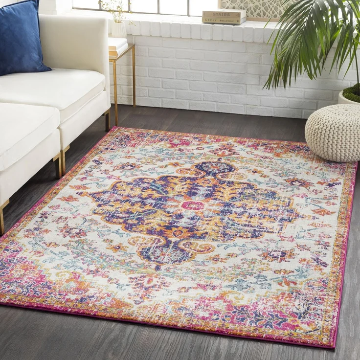 Livabliss Asmara Vintage Teppich 120x170 cm – Boho Kurzflor für Wohnzimmer & Esszimmer – buntes Muster in Orange & Weinrot