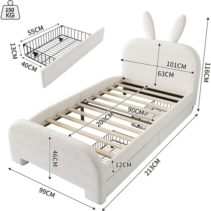 Kinderbett 90x200 Weiß mit Kaninchen-Kopfteil und 2 Schubladen,Gepolstertes Bett aus Lammwolle und MDF, Cartoon Bunny Design – Bild 5