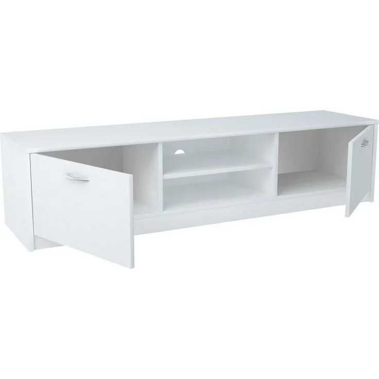 Home Collective TV-Schrank 160cm breit Lowboard mit matter Oberfläche Fernsehtisch (abgerundete Kante und Metall-Rollschienen Fernsehkommode) mit 2 Türen und 2 Regalen, aus laminiertem Board weiß – Bild 3