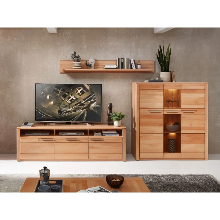 Wohnwand >Nature One< 3-teilig, mit LED, FSC, in Kernbuche teimassiv - 330x180x45cm (B/H/T) – Bild 1