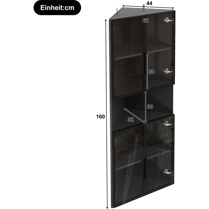 ZUBALIYA Dreieckige Vitrine 62x32x160cm – Schwarzer Eckschrank mit Glasfront, LED-Beleuchtung, Offener Mittelbereich – Display-Schrank für Sammlerstücke, Gläser & Dekoration – Bild 6
