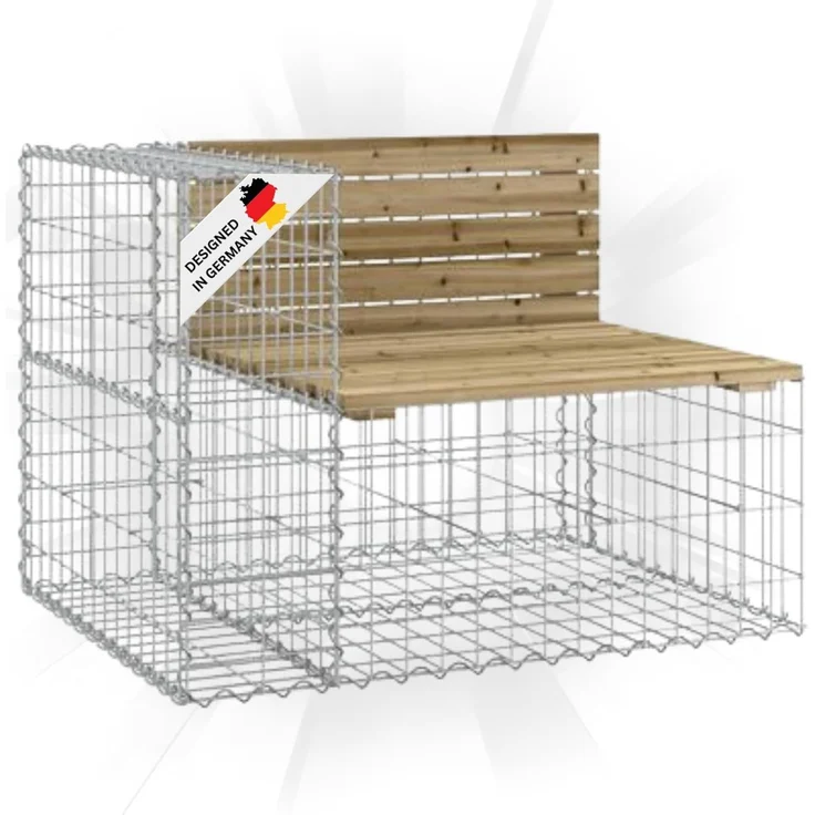 DELUKE® Gartenbank Gabionen INO aus Stahl 92x71x65,5cm Kiefernholz Braun Gabionenbank Gartenbank mit Sitzfläche aus Gabionen Steinkorb Gabionengitter Ziergabione Drahtkorb befüllbar – Bild 1