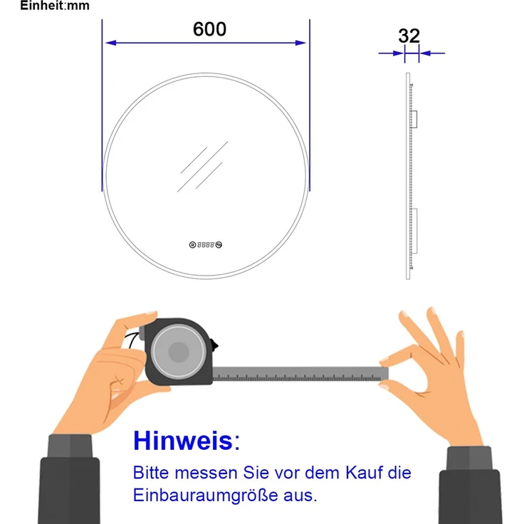 EMKE LED Badspiegel ф60cm Schwarzer Rand, Beschlagfrei, Uhr, Temperatur, Dimmbar, Memory-Funktion Neutrales Licht Wandspiegel – Bild 7