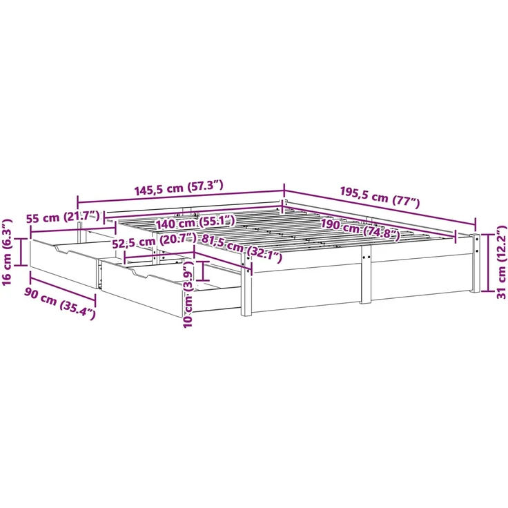 vidaXL Bettrahmen mit Schubladen Wachsbraun Massivholz Kiefer 3423809 – Bild 10