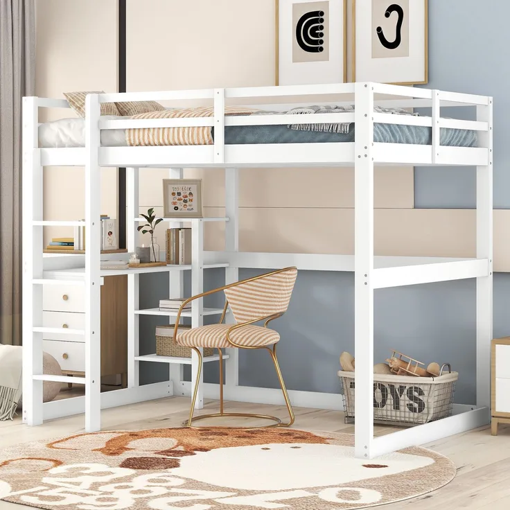 Hochbett 140x200 cm mit Schreibtisch und 4 Ablagefächern, Kinderbett Doppelbett aus massivem Kiefernholz,mit Stauraum,Weiß