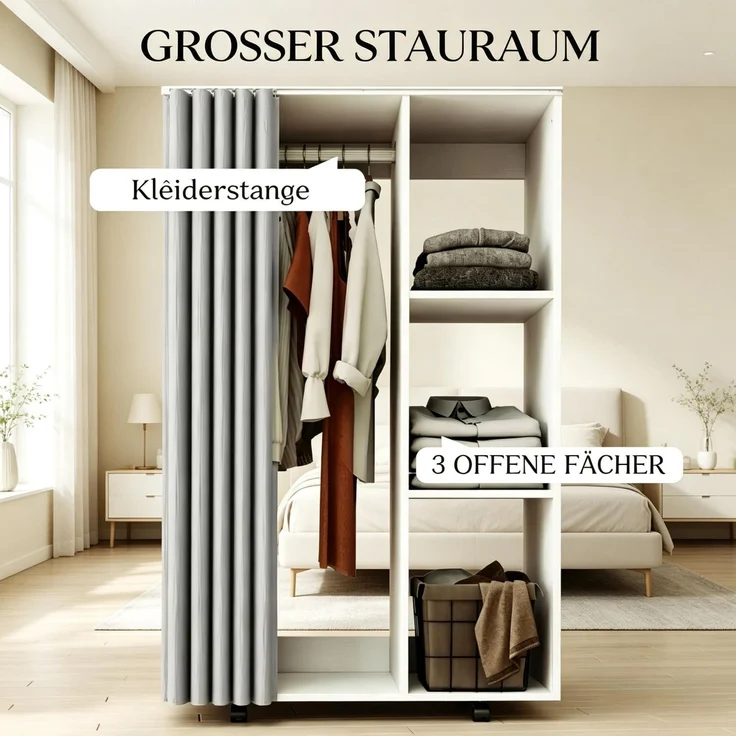 Kleiderschrank rollbarer Garderobenschrank mit 4 Rollen, Kleiderstange und offenen Ablagefächern--Weiß--80x40x128cm--YOUDENOVA – Bild 6
