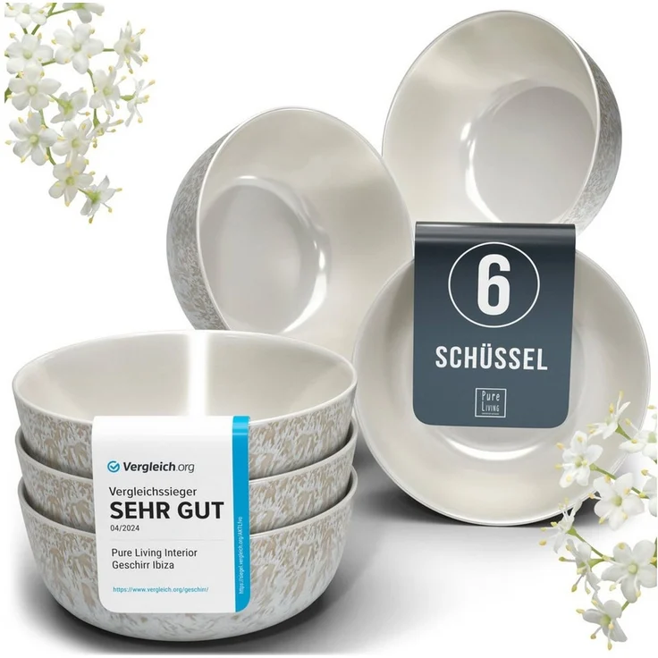 PURE LIVING INTERIOR DESIGN Geschirr-Set Ibiza, 6er-Set Müslischalen, 16 cm, Riffelstruktur, Beige (6-tlg), 6 Personen, Steingut – Bild 1