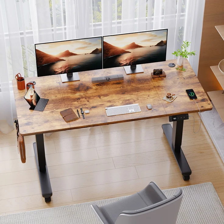 Devoko Höhenverstellbarer Schreibtisch Holzwerkstoff und Metall Braun 140 x 80 x 72-118 cm – Bild 1
