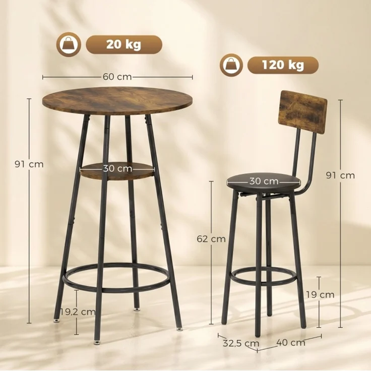 Bartisch-Set 60×60×91 cm für 2 Personen mit Ablage und gepolsterten Barhockern – rustikalbraun – Bild 4