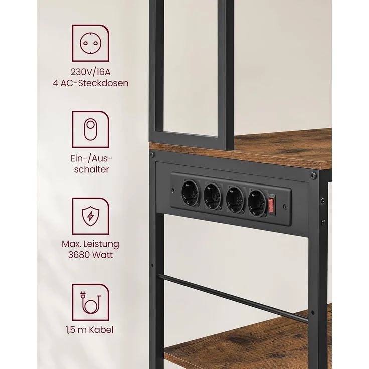 VASAGLE Küchenregal mit Steckdosen, Standregal, Mikrowellen-Regal, verstellbare Ablagen, Stoffschublade, 12 Haken, 40 x 100 x 180,4 cm, für Mikrowellen, Küche – Bild 5