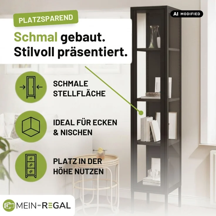 Mein-Regal Eckvitrine Glasgow aus Metall mit 2 Glaswänden & 1 Glastür Schwarz 40x40x170 cm – Bild 4