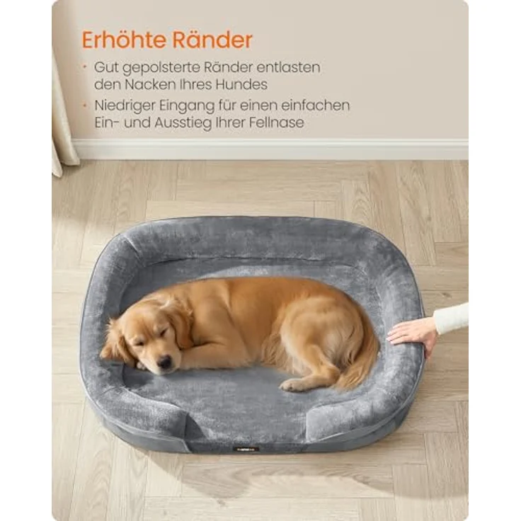Feandrea Hundebett, Hundekissen, für große Hunde, 106 x 76 x 18 cm, orthopädisch, wasserdichte Innenschicht, erhöhte Ränder, Abnehmbarer, waschbarer Bezug, rutschfest, hellgrau PGW283G01 – Bild 6