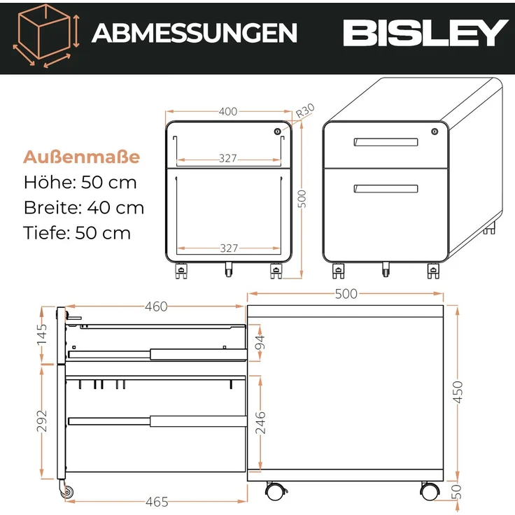 Bisley EasyRoll Rollcontainer mit Hängeregister, Container mit 2 Schubladen abschließbar aus Metall in weiß, Büro Rollwagen für Hängemappen als Schreibtisch Unterschrank & Bürocontainer, ROLL2-696 – Bild 7