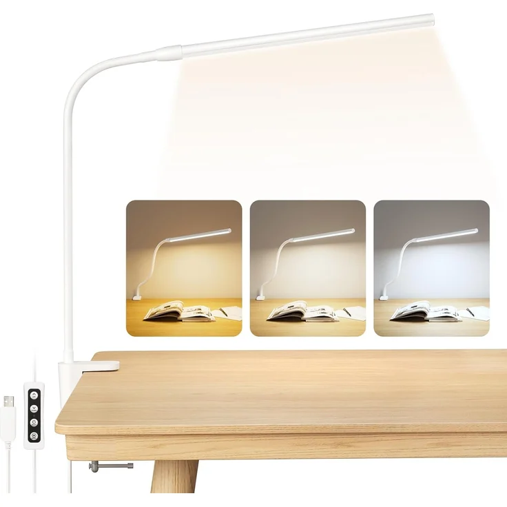 Lepro LED Schreibtischlampe Klemmbar, Tischlampe Architektenlampe mit Schwenkarm, Augenschutz Klemmleuchte USB, 3 Farben & 10 Helligkeitsstufen Dimmbar Tischleuchte für Büro, Weiß