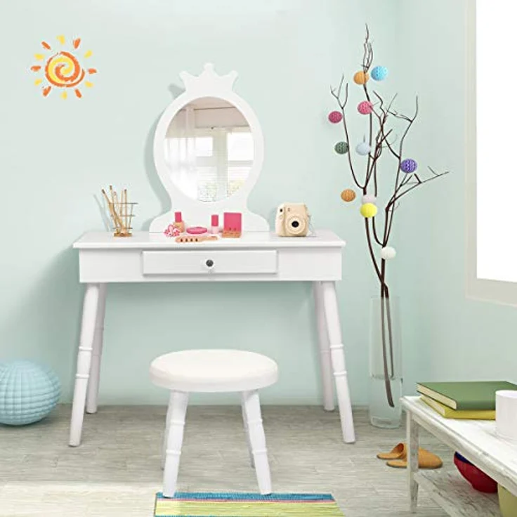 COSTWAY Kinder Schminktisch mit Hocker und abnehmbarem Spiegel, Holz weiß, 34 x 70 x 100 cm – Bild 10
