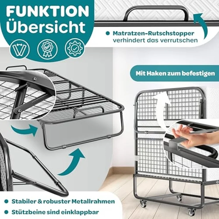 KESSER® Klappbett 200x90cm Gästebett inkl. Matratze aus Memory-Schaum & Rollen | faltbares Reisebett mit Metallrahmen für Erwachsene belastbar bis 250kg | Metallbett mit Schaumstoffmatratze & Cover Weiß, Deluxe Plus – Bild 6