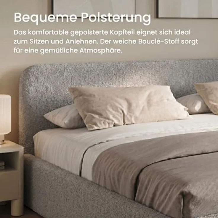 Home Collective Polsterbett mit Stauraum, verstellbarem Lattenrost, Bouclé-Stoff in Schwarz oder Creme, wählbare Matratze Federkern oder Kaltschaum, viele Größen – Bild 6