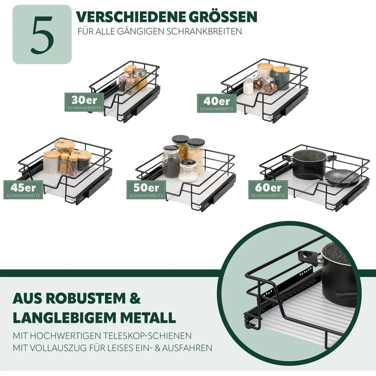 Teleskopschubladen 2er Set - für 50 cm Schrank mit Einlegeboden, aus Metall, (Schwarz) – Bild 5