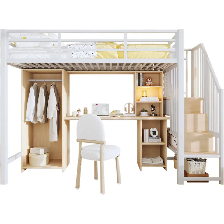 Metall-Hochbett 90×200cm mit integriertem Schreibtisch, Kleiderschrank & Stauraumtreppe, Stahl+E1-MDF, Weiß, ohne Lattenrost+Matratze, Gesamt L251,2 × T98 × H171 cm