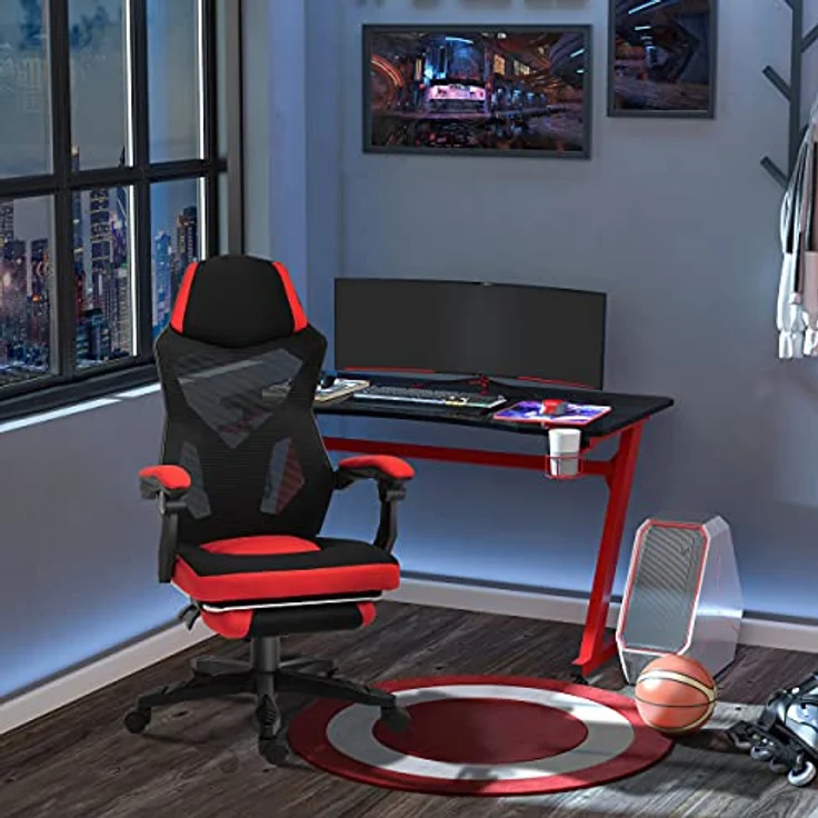 Vinsetto Bürostuhl mit Fußstütze, Höhenverstellbar, Ergonomisches Design, Rot & Schwarz – Bild 2