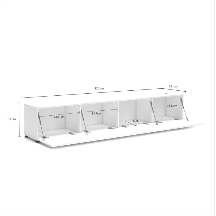 Dmora - Fernsehschrank Randfontein, Ständer für Wohnzimmerfernseher, Niedriges Wohnzimmer-Sideboard, TV-Ständerbasis, Made in Italy, 225x38h39 cm, Glänzendes Weiß – Bild 2